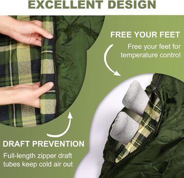 Спальний мішок для двох дорослих та дітей, XL Queen Size, для кемпінгу та походів, універсальний, легкий, водонепроникний, з компресійним мішком, чорний/зелений