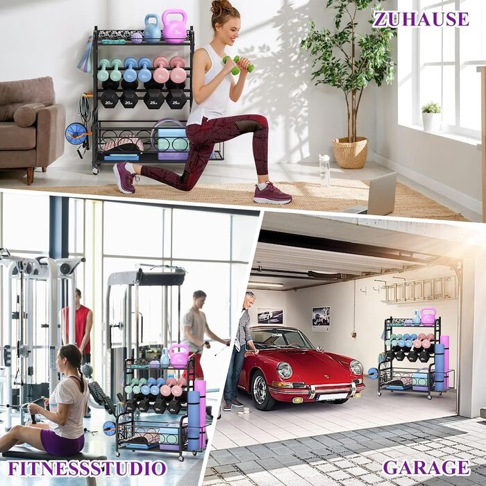 Стойка для гантелей, багаторівнева, з роликами та гачками, для гантелей, йога-матів, фасцій та гир, чорна, для дому