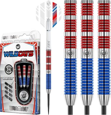 Дротики для дартсу WINMAU Wildcats 90% вольфраму 24 г з оперенням і стрижнями, призматична технологія, зважені для змагань