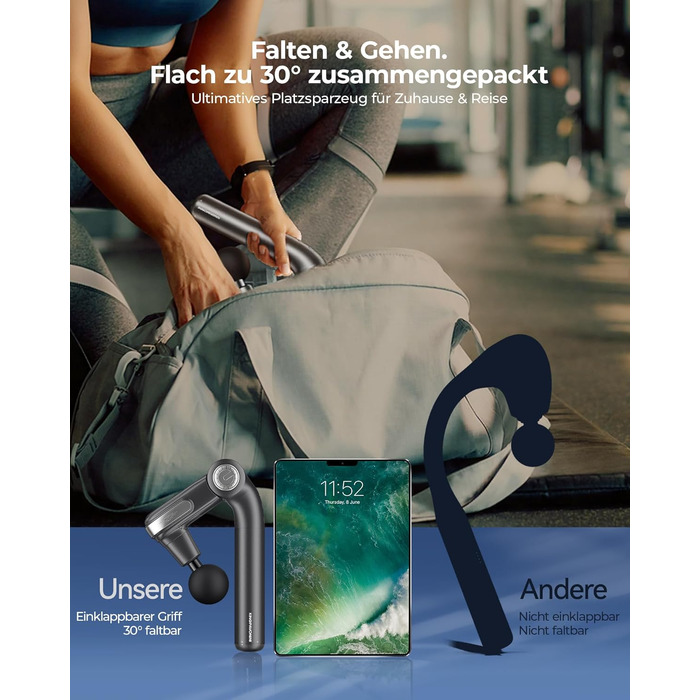 Масажер для тіла KingPavonini з висувним руків'ям та відкидним голівкою: масажна пістолета для спини з 3 кутами налаштування та 4 насадками, подарунок для чоловіків та жінок (сірий)