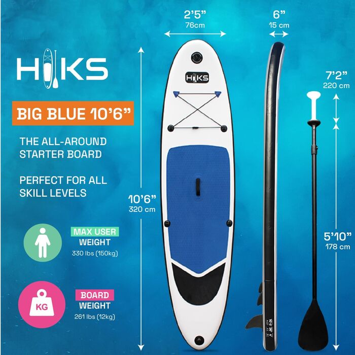 Надувна SUP-дошка Hiks 3,2 м з веслом, насосом, рюкзаком і страховкою, морська синя