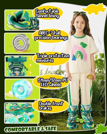 Ролики дитячі Kinder Dinosaurier з підсвічуванням, розмір регулюється, зелені