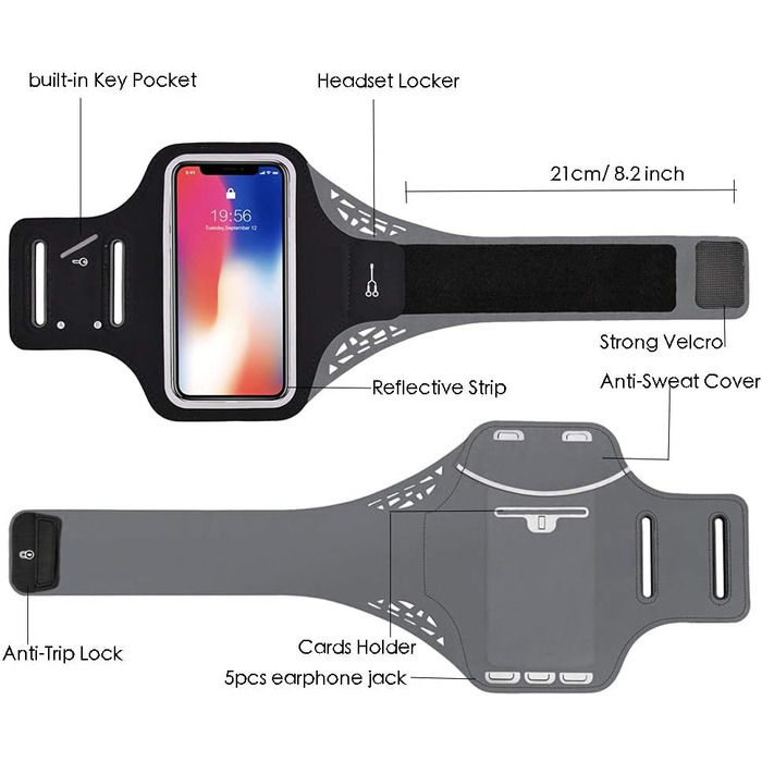 Спортивна стрічка на руку для iPhone 16 Pro Max, 16 Plus, 15 Pro Max, 15 Plus, 14 Pro Max, Samsung S24, S23, S22 Ultra. Тримач для телефону на руку для бігу, спорту. Підходить для телефонів 6.3'-7.0' (5.1'-6.5'). Чорний