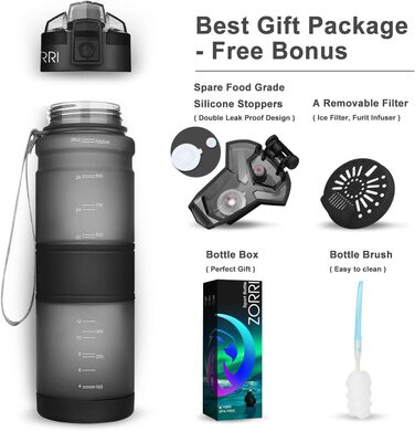 Спортивна пляшка ZORRI 700 мл, 1 л, 500 мл, 400 мл - BPA Free, для води, з содовою, без витоку, еко-пляшка для дітей, школи, спортзалу, фітнесу, велосипеда, сіра