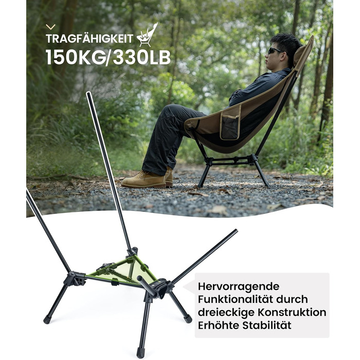Стілець для кемпінгу OneTigris TIGERBLADE з високою спинкою, 170 кг, складний, легкий, з трикутним каркасом, для риболовлі з 2 кишенями, для відпочинку на природі, піших прогулянок, колір Койот