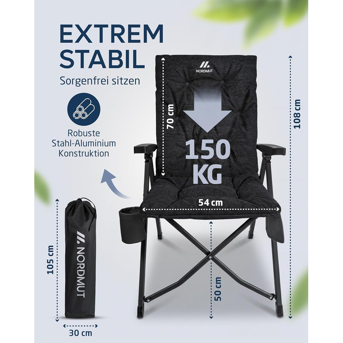Розкладне крісло для кемпінгу NORDMUT Premium з високою спинкою, регульоване (4 позиції), посилений садовий стілець для відпочинку на відкритому повітрі, навантаження до 140 кг, Антрацит