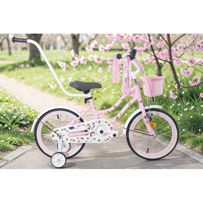 Дитячий велосипед 16 дюймів для дівчинки з ручкою-штовхачем, бічними колесами та кошиком Kimet