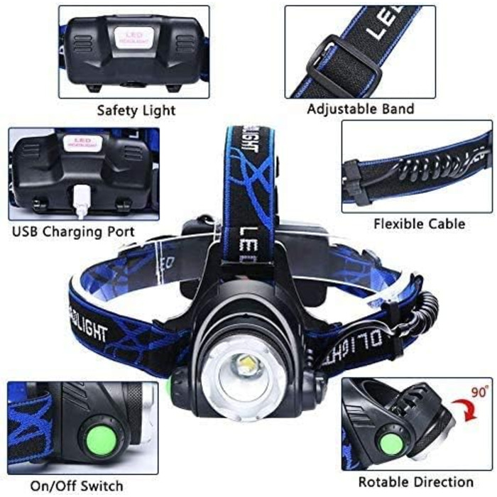 Фронтальний ліхтар Flintronic LED з USB зарядкою, COB, одиночний, IP64, Zoom, 3 режими, 90° обертання, 800 люмен для бігу/велосипеда/рибалки/кемпінгу (2 x 18650 батарея, синій, 3 режими, 1200LM)