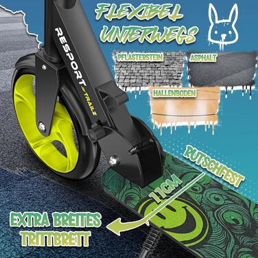 Дитячий та дорослий трюковий самокат Cityroller з дзвіночком та ременем | Висота регулюється, складається, до 100 кг | Великі колеса, чорний/зелений