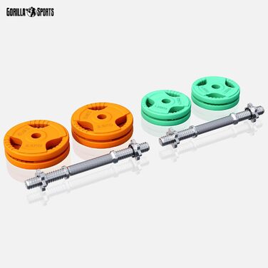Набір гантелей GORILLA SPORTS® 20 кг (2 шт.) 30 мм, чавун, гумові ручки, ваги 4x1.25 кг / 4x2.5 кг, зірковий/федерний замок, рифлений хват - набір гантелей, короткі гантелі зі зірковими замками