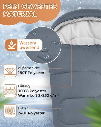 Сплячий мішок KingCamp для дітей та дорослих, 3-4 сезони, двошаровий, теплий, сірий, для кемпінгу та походів, 165x70x45 см