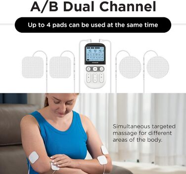 4-в-1 Пристрій для DIY електростимуляції EMS, масажер м'язів та нервів, терапевтичний пристрій TENS з двома каналами для зняття болю, схвалений FDA, з 12 електродними подушечками (білий)