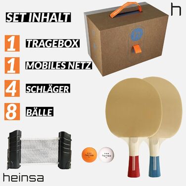 Набір для настільного тенісу Heinsa: 4 ракетки (синя та червона), 8 м'ячів, сітка, переносна коробка – для сім'ї