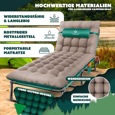 Кемпінгове ліжко KESSER® розкладне з сумкою, подушкою, кишенею та тримачем для напоїв, 190 x 68 x 30 см, до 250 кг, Oxford-тканина, сталеве шасі, для саду та кемпінгу (зелене/таупе)