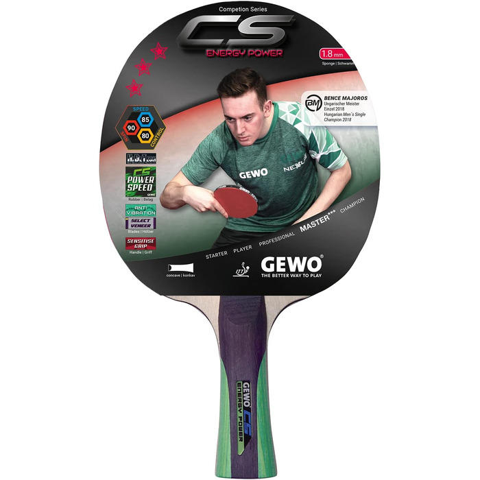 GEWO CS Energy Power – професійна ракетка для настільного тенісу, ITTF, контрольне покриття, висока обертальність, 1,8 мм, червоно-чорна, конкавна ручка
