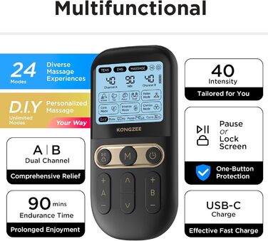 Пристрій 4-в-1 для домашнього майстерності EMS: масаж, стимуляція м'язів та нервів. Двоканальний TENS-терапевтичний пристрій для зняття болю, схвалений FDA, з 12 електродних подушечок. Чорний