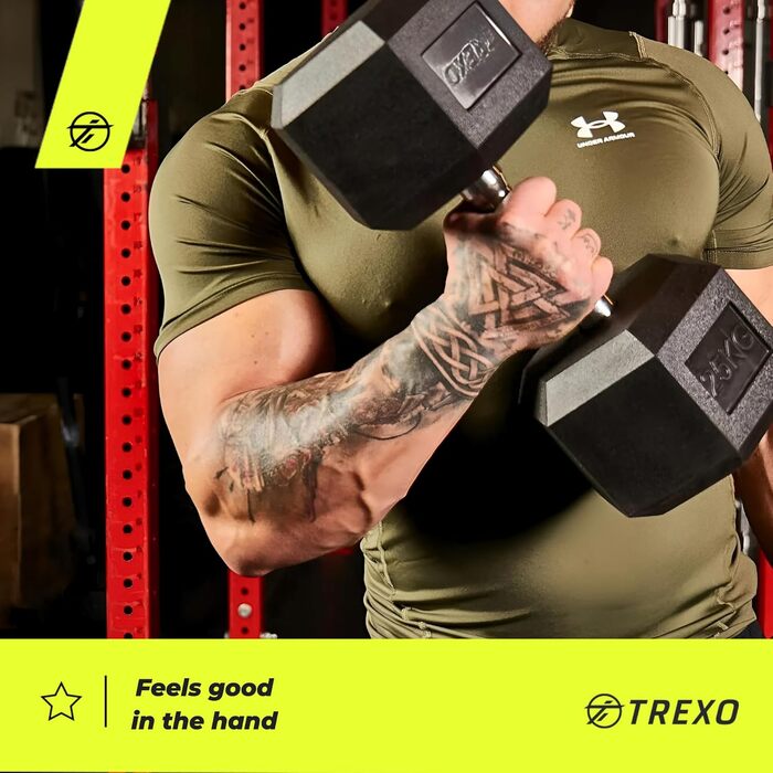 Гантеля TREXO Hexagon 12,5 кг, шестигранна, гумова, чавунна, для силових тренувань вдома, з ергономічною ручкою