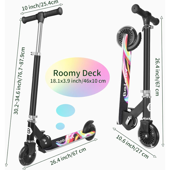 Белеїв V2 Роликовий Самокат для Дітей 6 років, з LED-підсвічуванням, Регульована Ручка та Дека, Заднє Гальмо, Складаний Самокат для Дівчаток та Хлопчиків 3-12 років (Чорний з Райдужними акцентами)