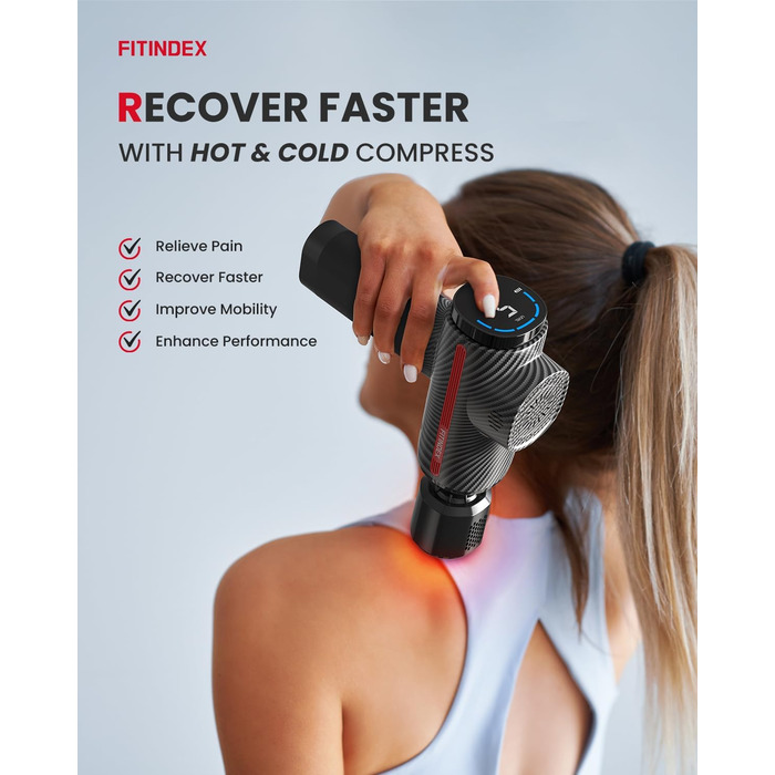 Масажний пістолет FITINDEX з функцією нагріву і охолодження, LED дисплей, 5 насадок, 15Вт швидке заряджання, для спини, шиї та м'язів