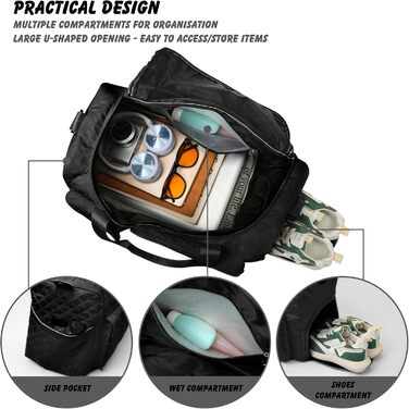 Спортивна сумка для подорожей з відділенням для взуття та вологих речей, водонепроникна сумка-вікенд для йоги, плавання та залу, унісекс (Чорна)
