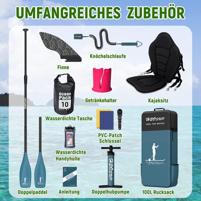 Надувний SUP-борд 15 см, з рюкзаком та аксесуарами, зелений - Дошка для Stand Up Paddling