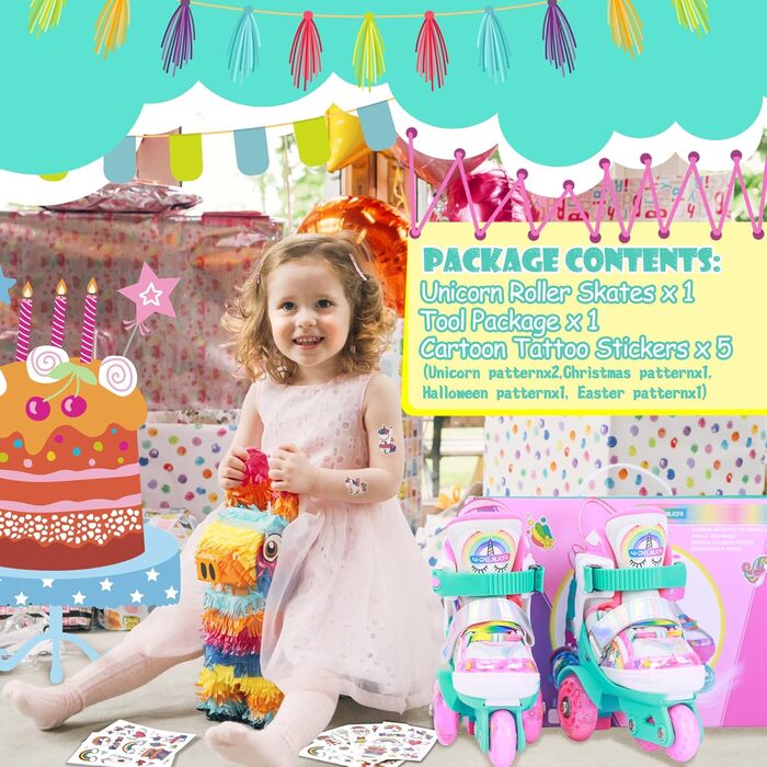 Дитячі ролики Kinder Einhorn для дівчаток, 3-6 років, з підсвічуванням, регульовані, 4 колеса, для початківців, XS (27-30), 3 колеса, райдужний колір