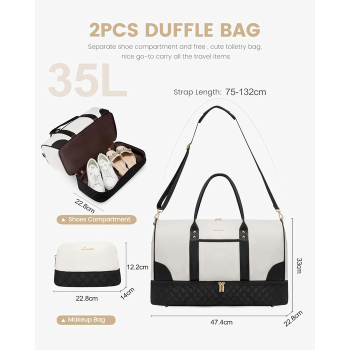 Сумка-мішок LOVEVOOK для жінок: дорожня, спортивна, з відділенням для взуття та мокрих речей, 2 шт. (35л, бежевий/чорний)