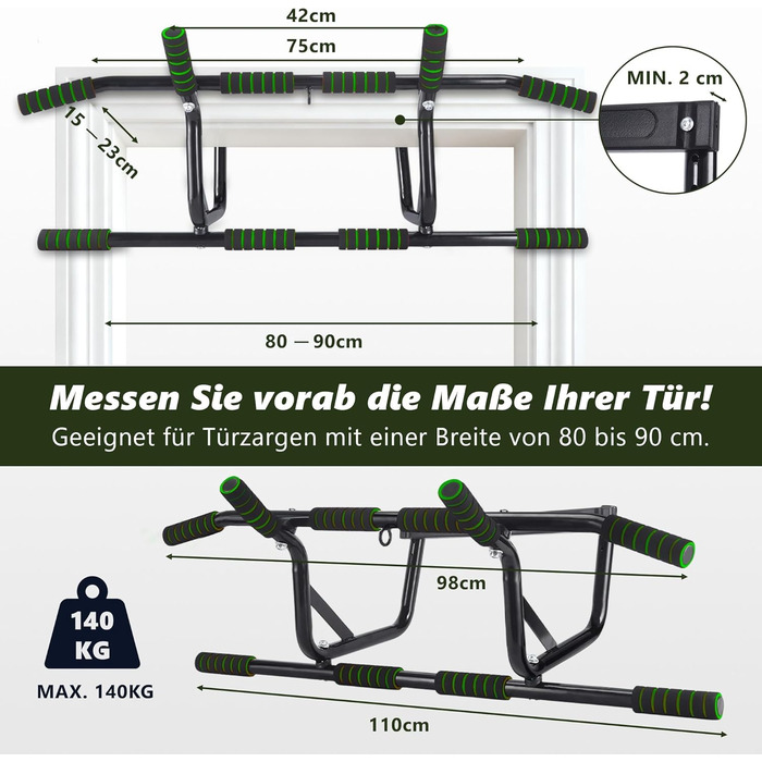 Турнік для дверей Klimmzugstange: турнік для підтягувань без свердління, з м'якими ручками, зелений