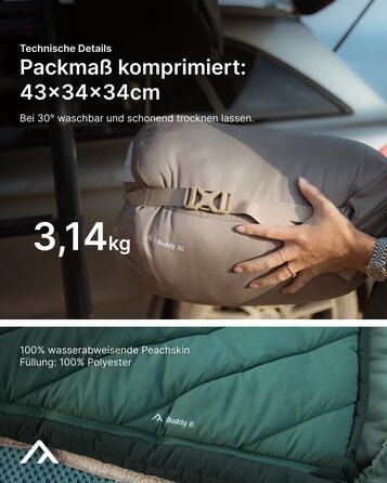 Спальний мішок Qeedo Buddy XL 8 XXL, надширокий, Outdoor літній (8-25°C) 3 сезони - для дорослих та юнаків (до 220см), поверхня Peach Skin, колір Pinegreen