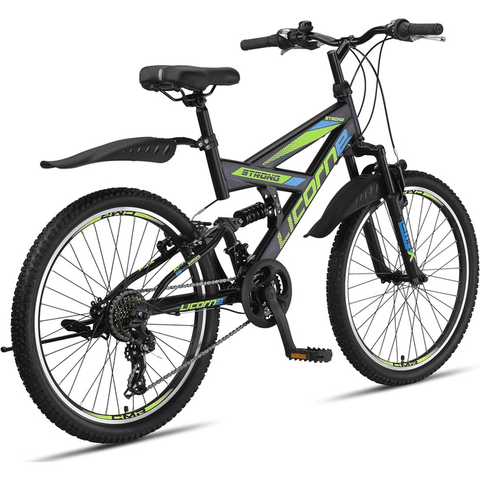 Гірський велосипед Licorne Bike PREMIUM Strong V 24 дюйми, 21 швидкість, повна амортизація, чорний/синій/лайм, для хлопців, дівчат, жінок і чоловіків