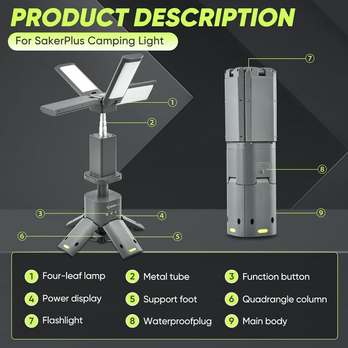 Ліхтар кемпінговий SakerPlus телескопічний, 14000mAh, з power bank, магнітний, 6000 люмен, сірий