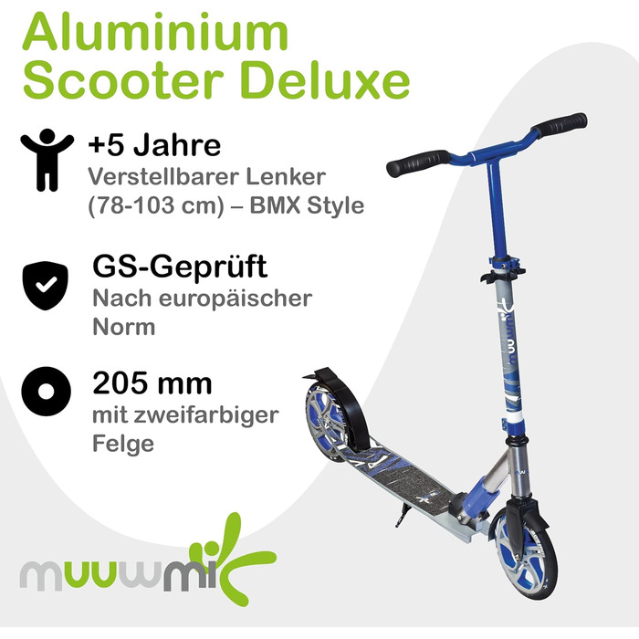 Самокат трюковий muuwmi Aluminium Scooter Deluxe 205мм ABEC 7 сіро-блакитний - для дітей та дорослих, регульована висота, сертифікат GS