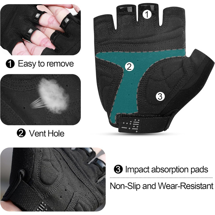 Рукавички велоінші INBIKE для MTB, короткі, напівпальцеві, літні, чорні та морські (PLAM=18.5-19.5cm)