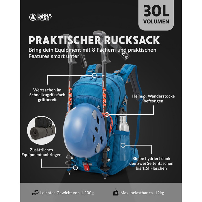 Туристичний рюкзак Terra Peak Flex 30L з вентиляцією спини, дощовиком і тримачем для питної системи – середній преміум-рюкзак для походів, 3D Air Mesh, поясний ремінь