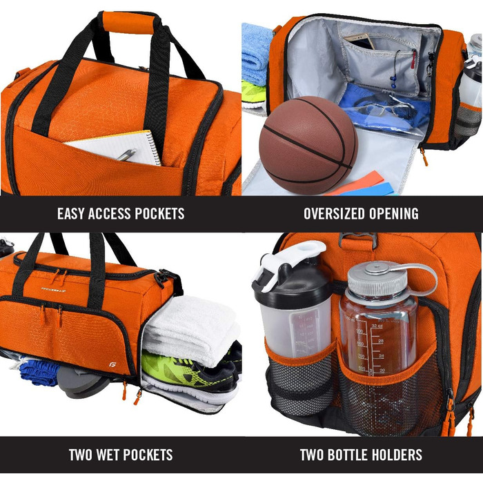 Спортивна сумка FocusGear Ultimate Gym Bag 2.0, водостійка, 10 відділень, міцна, для подорожей і тренажерного залу, зелена, 29,8×26,7×50,8 см (Medium 20'), помаранчева