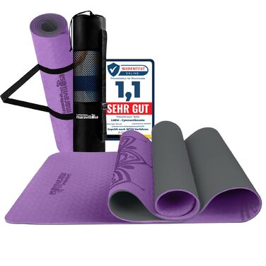 Килимок для гімнастики та йоги TPE 183x61 см з ременем, сумкою та E-book. Антиковзкий килимок для фітнесу, пілатесу (внутрішній/зовнішній) Mandala фіолетово-чорний