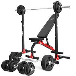 Фітнес-набір Marbo Sport-Set MH7: регульована лава для штанги, стійка, SZ-гриф, гриф для гантелей та штанги, гумовані вагові диски, 83/113 кг (Червоно-Чорний)