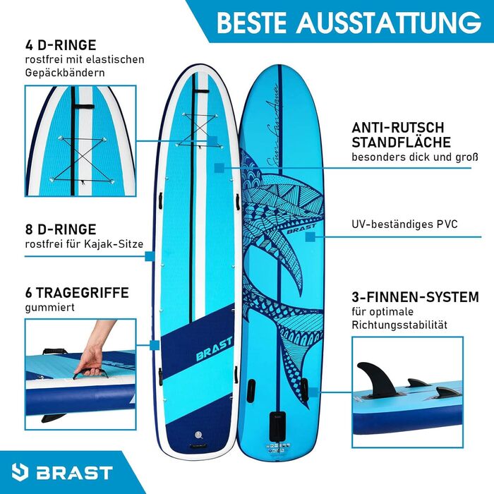 Надувна SUP-дошка BRAST Family XXL 370x87x15 см, комплект для сім'ї до 210 кг, з аксесуарами: 2 каяк-сидіння, 2 педалі, 2 весла, насос, рюкзак