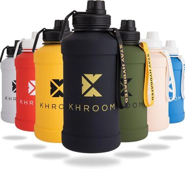 Фляга для води Khroom Edelstahl 1.3L та 2.2L: металева, для спорту, з нержавіючої сталі, без BPA, витримує CO2, миється в посудомийній машині, Outdoor, 2L, XXL, зелена/чорна