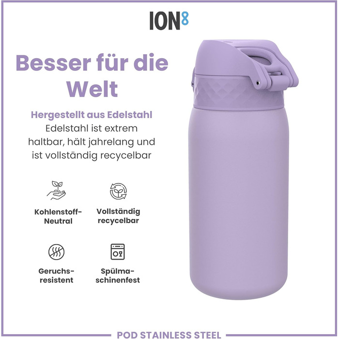 Дитяча пляшка для води ion8 Evo 400мл, неізольована, з нержавіючої сталі, з клапаном, легко миється
