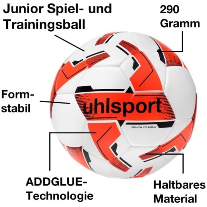 Дитячий футбольний м'яч Uhlsport 290 Ultra Lite Addglue Junior - для дітей до 10 років, білий/помаранчевий/темно-синій