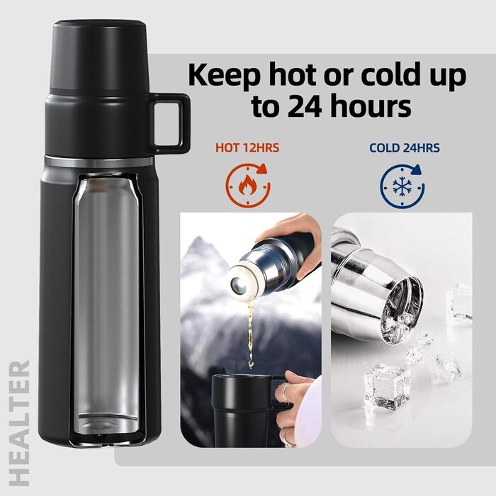 Термос Healter 850 мл з чашкою для кави, герметичний, BPA-free, нержавіюча сталь, для дітей, спорту, школи, фітнесу, кемпінгу, чорний