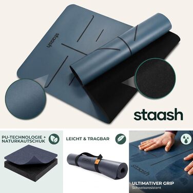 Преміум набір для йоги STAASH: килимок з PU та натурального каучуку (4,5 мм), рушник, ремінь та колінна подушка, протиковзкий, подовжений, колір Tiefsee Blau