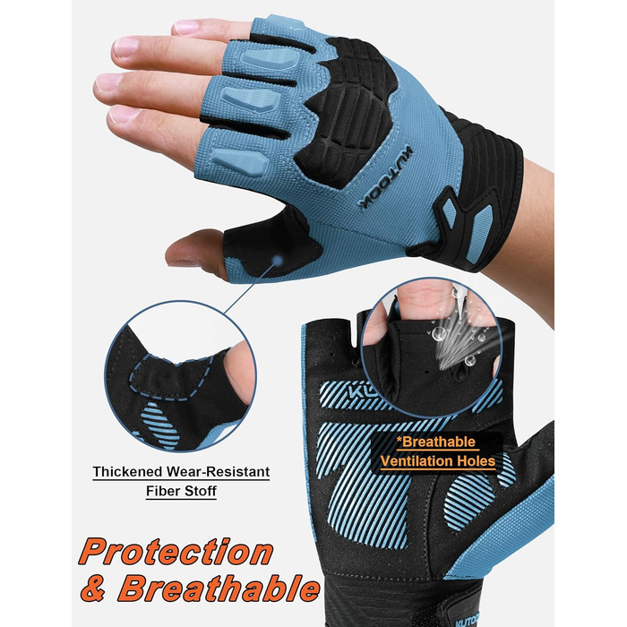 Велосипедні рукавички KUTOOK MTB для катання літом з амортизуючою вставкою та захистом пальців. Дихаючі рукавички для чоловіків та жінок, сіро-помаранчевий колір (XL, синій)