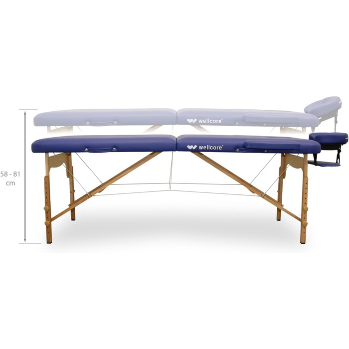 Масажний стіл WELLCORE, складаний, дерев'яний, екошкіра, 185x65 см, регульована висота, знімний підголівник, розширювачі для рук, отвір для обличчя, сріблястий, до 225 кг