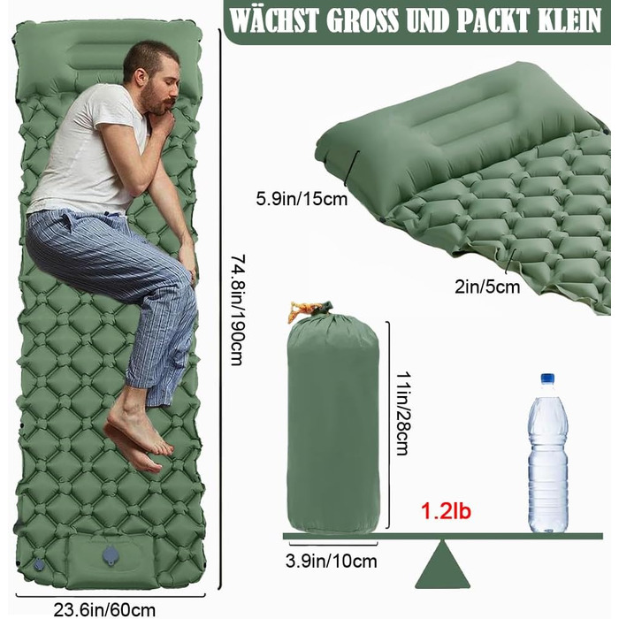 Надувний килимок для кемпінгу Isomatte Ultraleicht - самонадувний, легкий, зелений
