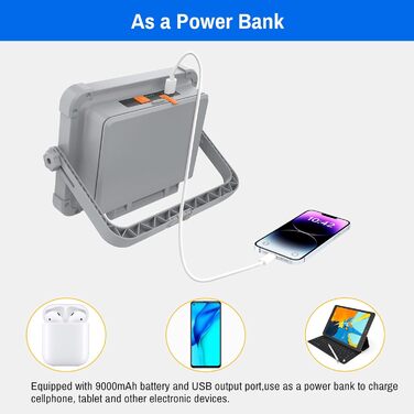 ERAY Сонячний LED прожектор 150W з акумулятором 7800mAh, 336 LED, 4 режими, 2 способи зарядки, портативний ліхтар для кемпінгу, гаража, надзвичайних ситуацій (сірий)