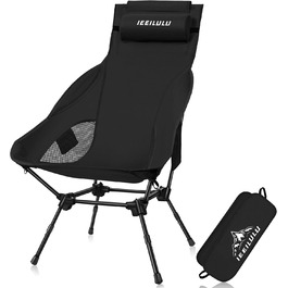 Складний туристичний стілець IEEILULU з високою спинкою, чорний. Макс. навантаження 130 кг, 2 кишені. Підходить для кемпінгу, риболовлі, пікніків та відпочинку на природі.