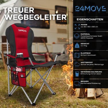 Крісло для кемпінгу 24MOVE® складне, 150 кг, з підлокітниками, кишенями та сумкою, для риболовлі, пляжу, відпочинку (Червоне)