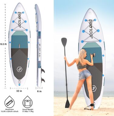 Надувний SUP Board JOOLOOG Stand Up Paddle Board 300 кг, 6 дюймів товщини, з аксесуарами для веслування для дорослих та підлітків, довжина 10'2/10'5', 320 x 81 x 15 см, зелено-сірий колір (білий/чорний з сидінням)